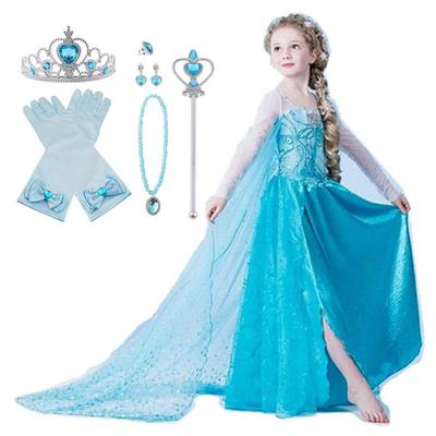 Kinder Prinzessin Kostüm Frozen Elsa Kleid Luxus Set Eisblau Herz Magie [YITING] 7-teilig - (Prinzessinnenkleid, Tiara, Zauberstab, Handschuhe, Halskette, Ring,