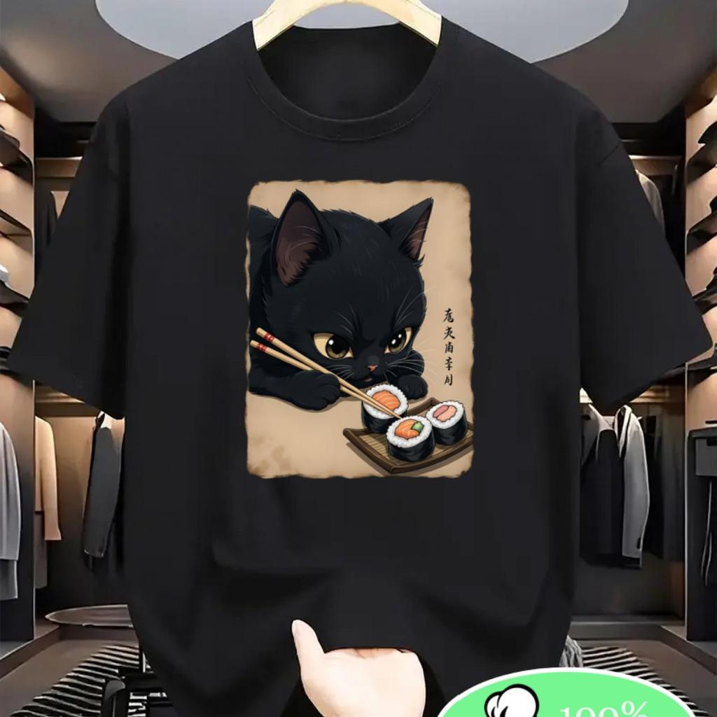 Men and Women Cotton Graphic T-Shirt Comfortable Crew Neck Short Sleeve Tee with Cute Cat and Sushi Print