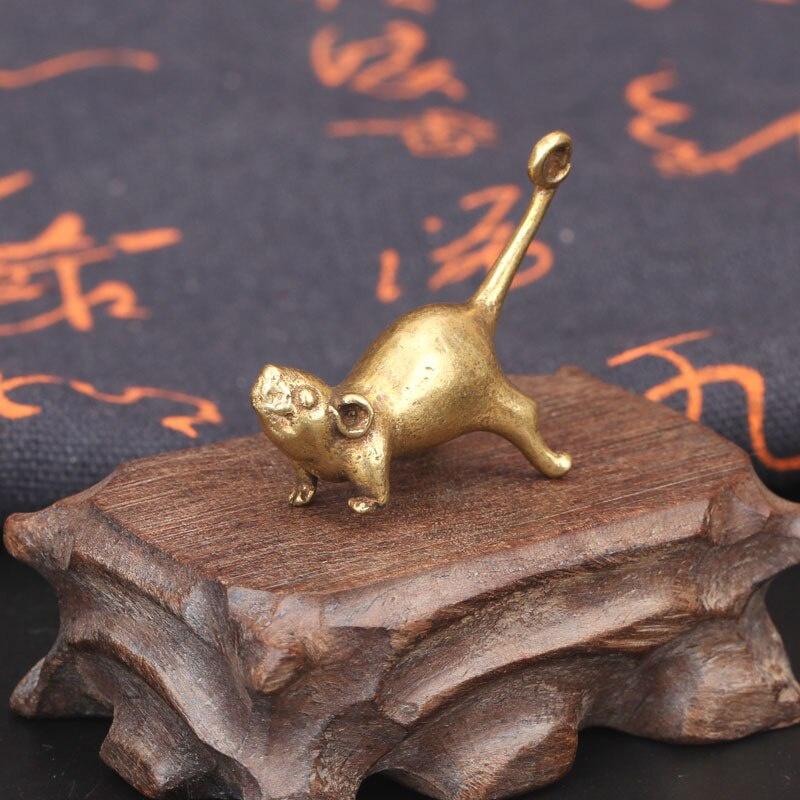 1Pc Ancient Brass Small Tea Pet Ornament Long Tail Cute Mouse Figurines Miniatures Copper Lucky Rat Study Living Room Decorations