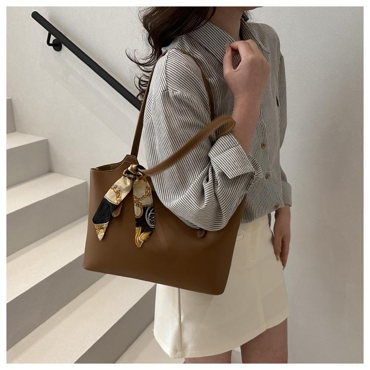 Chic Silk Scarf Handle Tote Bag for Women Stylish Bucket Shoulder Handbag