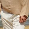 Men's Solid Color Long Sleeved Lazy Style V-neck Beach Cotton Linen Shirt