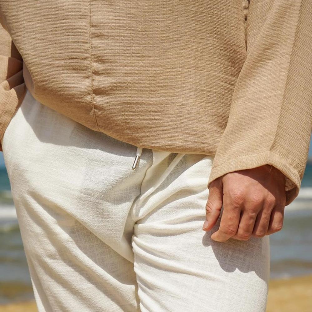 Men's Solid Color Long Sleeved Lazy Style V-neck Beach Cotton Linen Shirt