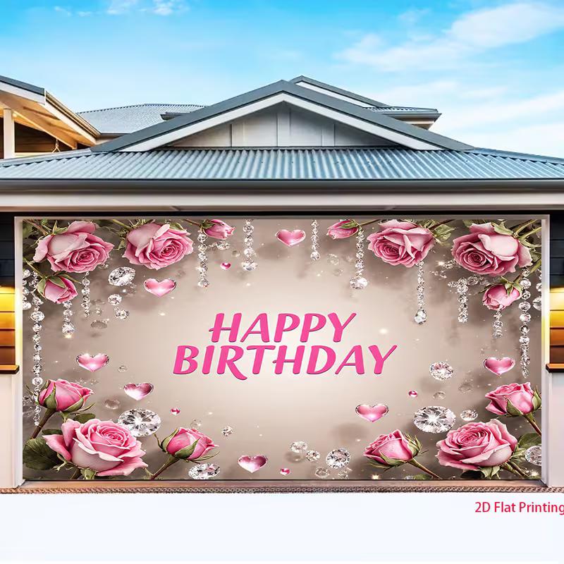 2D Rose Crystal Happy Birthday Backdrop Elegant Floral Birthday Background for Women