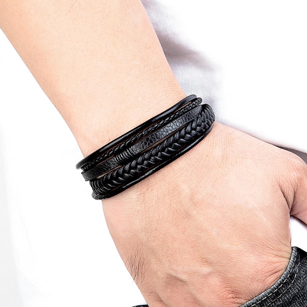 Luxury Fashion Hand-Woven Leather Bracelet Multilayer Men's Bangles Stainless Steel Magnetic Buckle Party Jewelry Gift