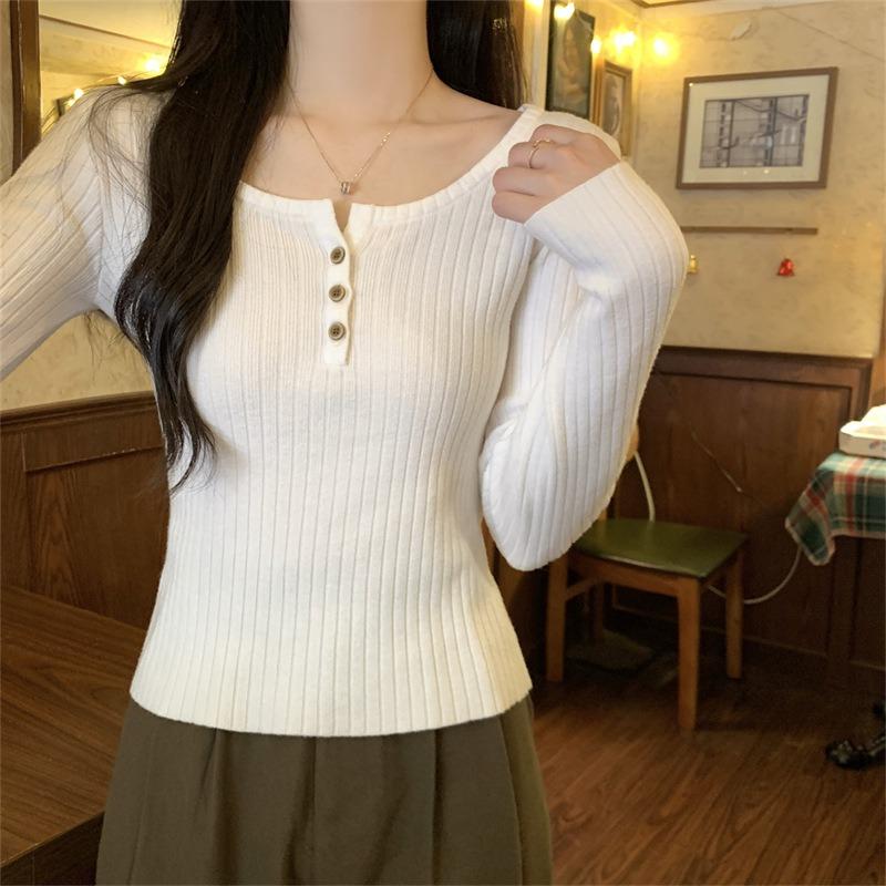 Design Sense One-word Shoulder Lapel Long-sleeved Knitted Sweater Women's Inner Slim-fitting Sweet and Spicy Bottom Sweater Outer Top