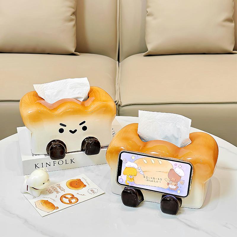 Cute Toast Ceramic Tissue Box & Phone Holder - Creative Pull-out Napkin Paper Box for Living Room & Dining Table