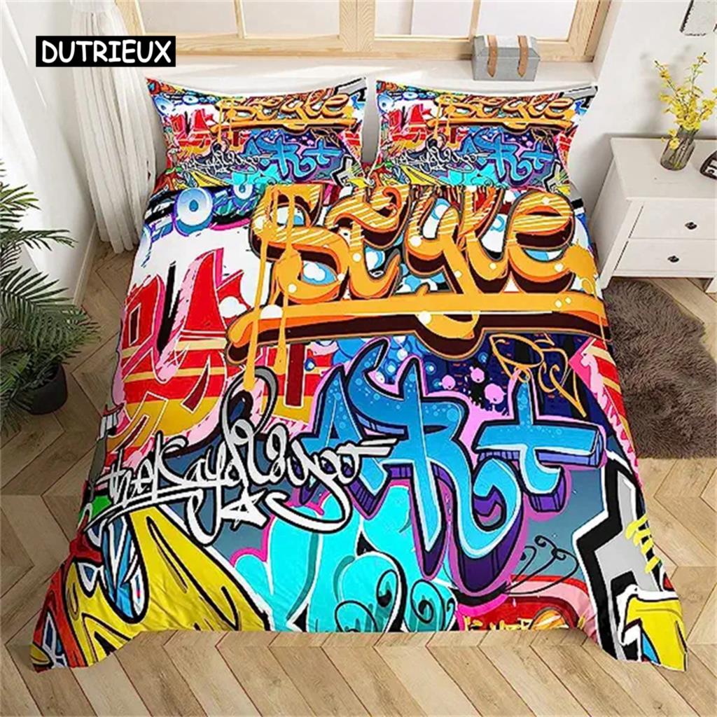 

Пододеяльник с граффити, комплект постельного белья для мальчиков-подростков, красочный пододеяльник с граффити, рок-музыка, спортивный пододеяльник для детей, хип-хоп-арт, пододеяльник EU single(135x200cm)