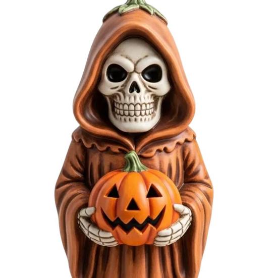 Halloween Skull Pumpkin Figurine Resin Skeleton Holding Pumpkin Statue Spooky Tabletop Ornaments for Indoor Home Decor