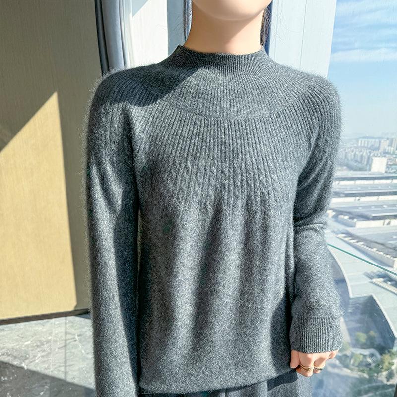 2024 Autumn/Winter Women's Thick Wool Knitwear: Solid Color Jacquard Half-Turtleneck Loose Base Layer Sweater