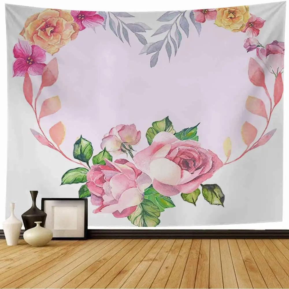 Love Tapestry Floral Love Romantic Shape Heart Tapestry Valentines Day Flowers Wall Hanging Decor for Bedroom Living Room Dorm