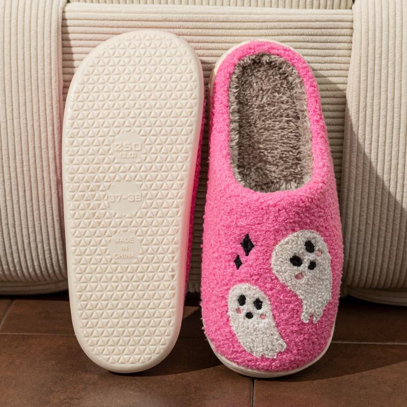 Halloween Women's Slippers Winter Pink Ghost Indoor Cartoon Comfort Home Bedroom Soft Causal Flat Plush Shoes for Gift