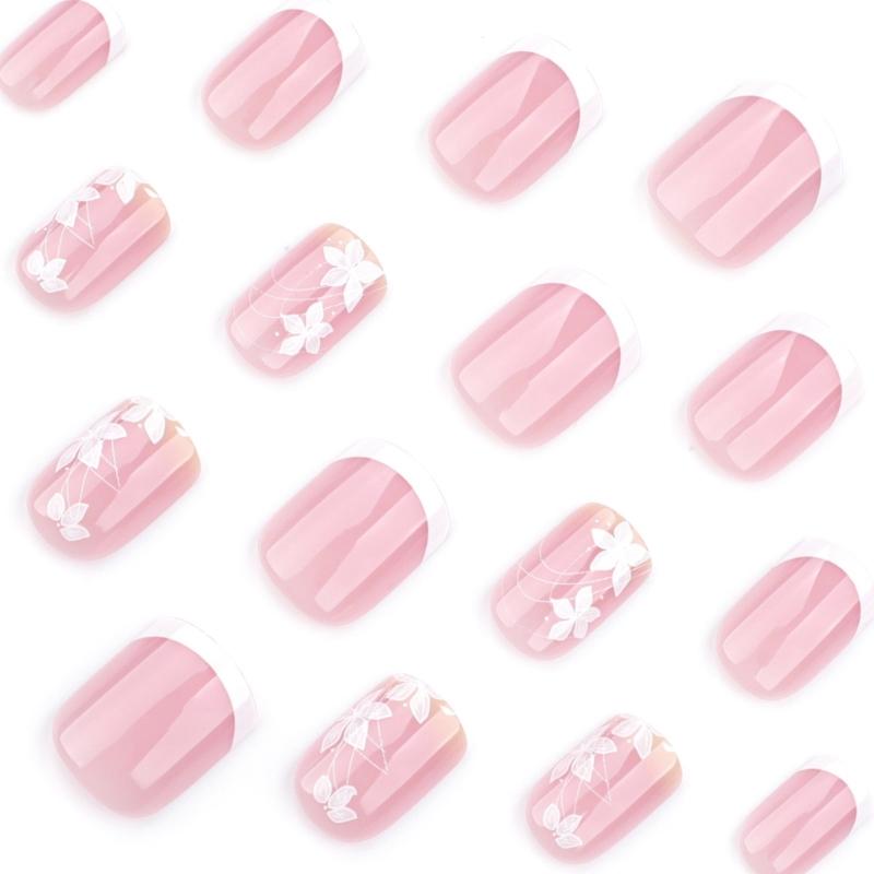 24 Piezas de Uñas Francesas Cuadradas Press-on con Diseños Florales Cobertura Completa Uñas Adhesivas Arte de Uñas de Moda para Primavera
