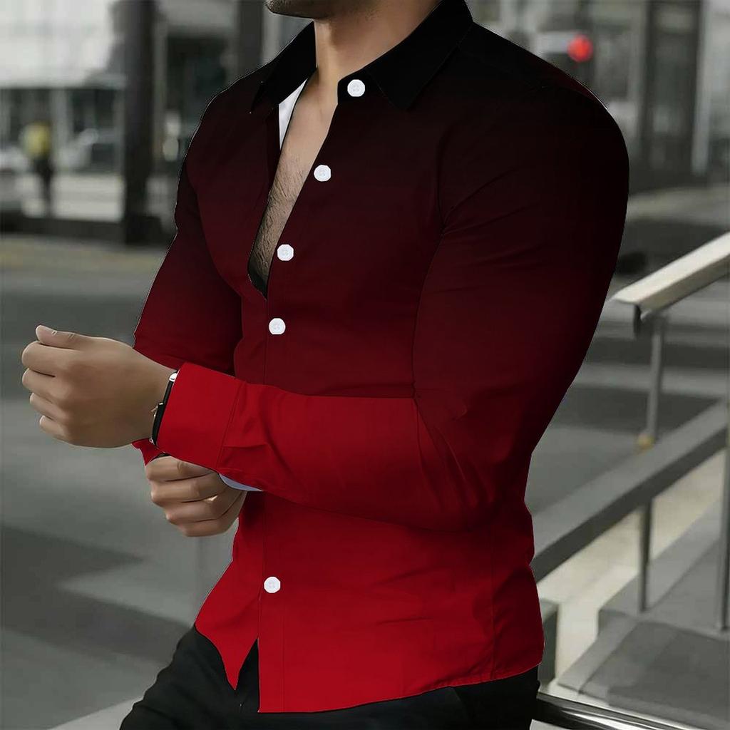 Men Collared Shirt Black White Gradient Solid Tone Long Sleeve Button Down Top