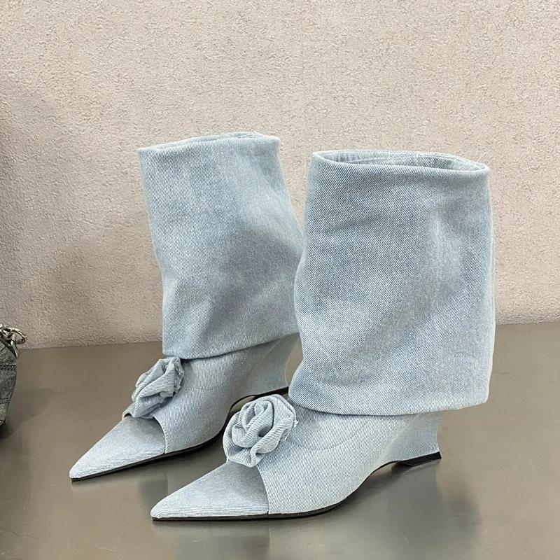 Street Style Design Flowers Peep Pointed Toe Women Ankle Boots Sandals Fashion Wedges High Heels Ladies Shoes