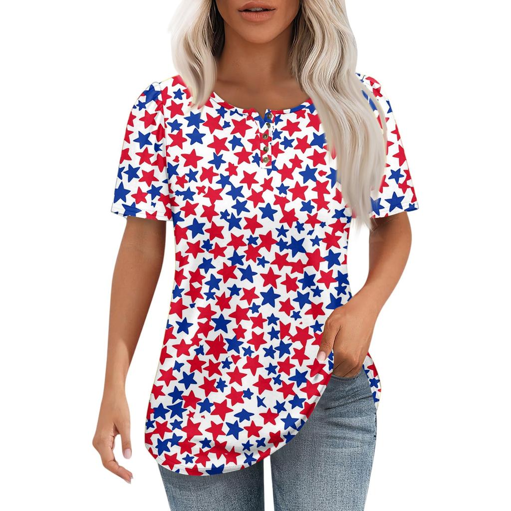 Modisches, lässiges Pullover-Oberteil mit kurzen Ärmeln und Knopfleiste und Rundhalsausschnitt für Damen