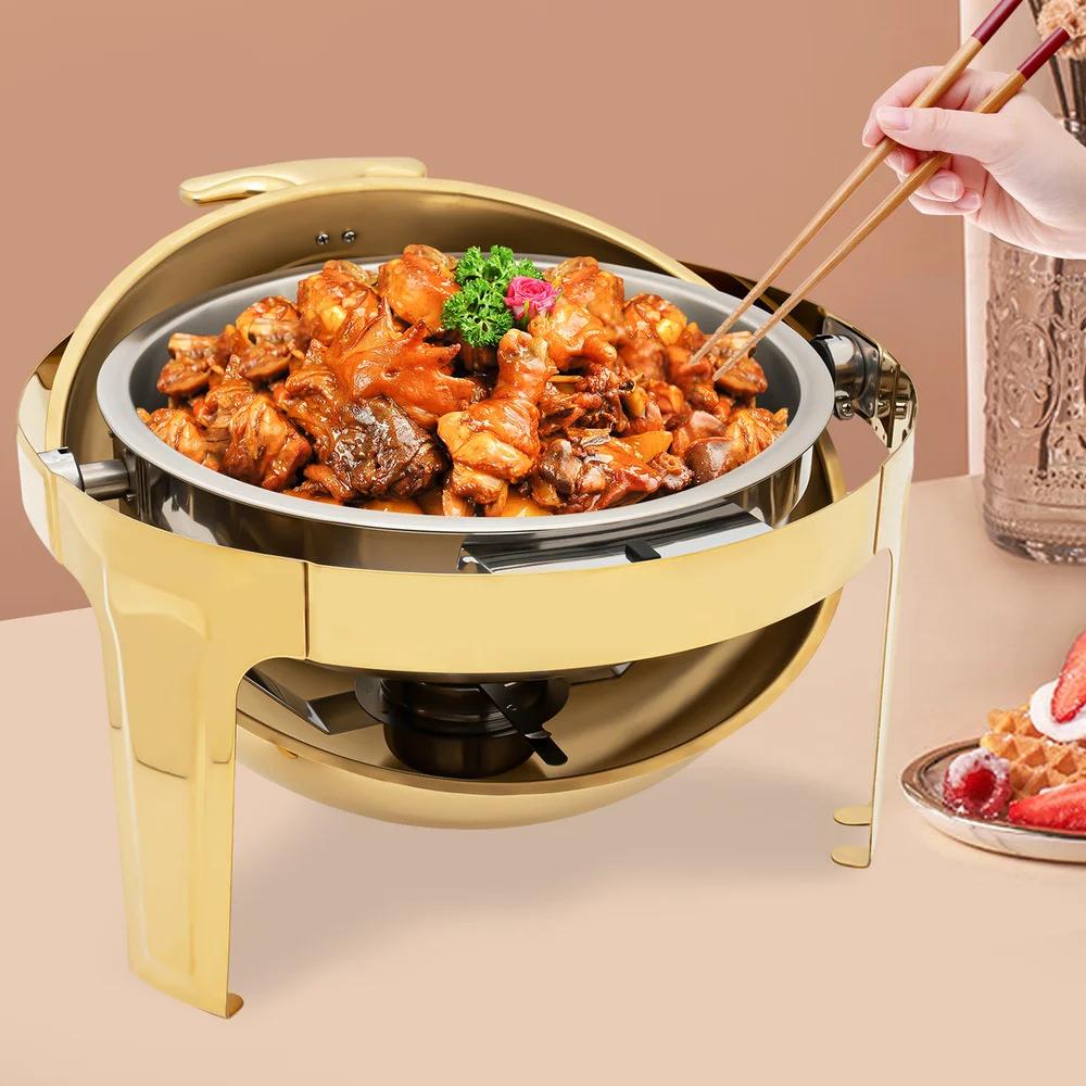 Bymaocar Round Tabletop Chafing Dish Roll Top Stainless Steel 90°/180° Opening Buffet Warmers with Visible Lid & Thickened Feet