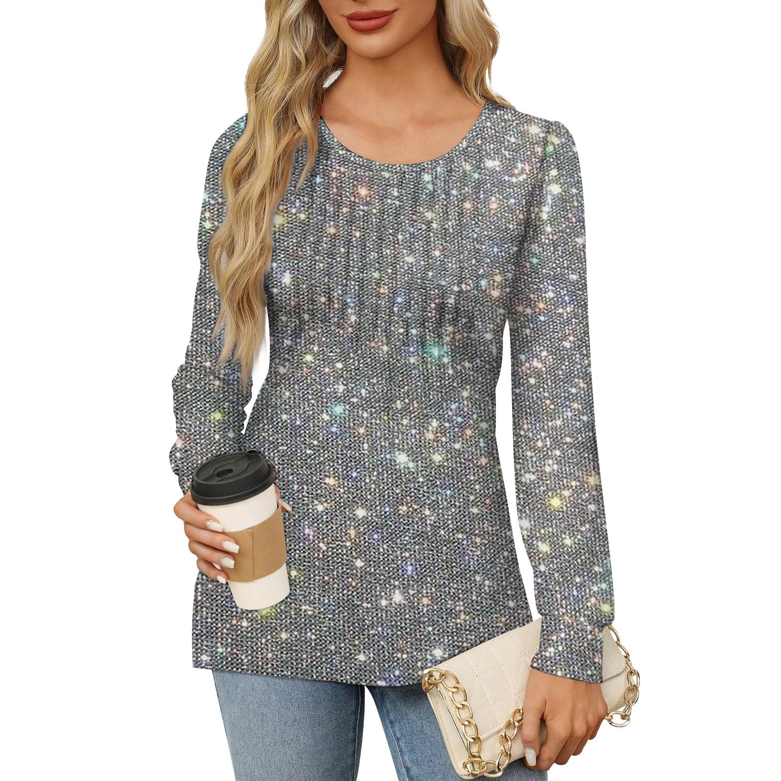 Женская повседневная плиссированная футболка с круглым вырезом и длинными рукавами — фото 8