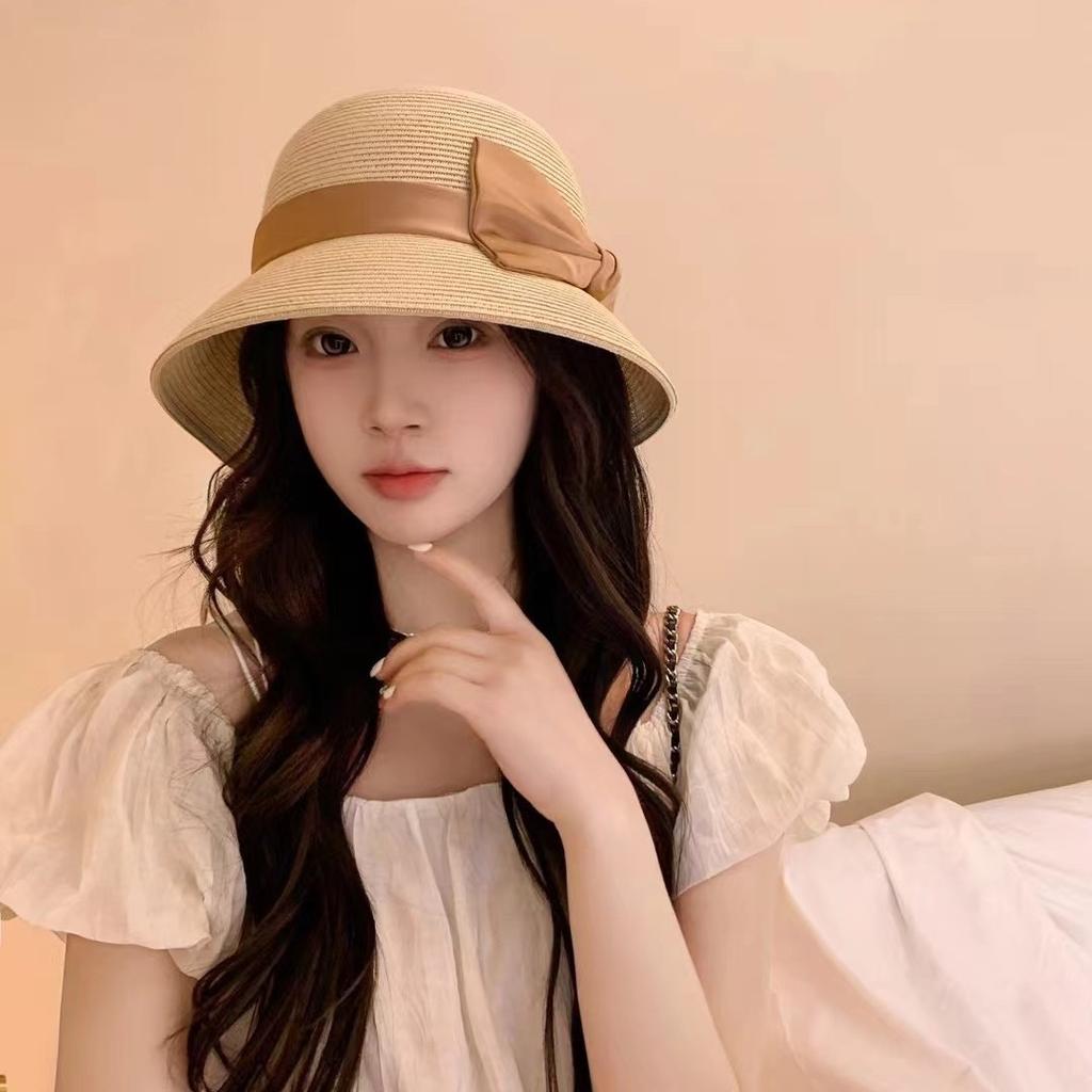 Travel version sun hat women's spring and summer new woven straw hat French elegant sunshade basin hat bucket hat