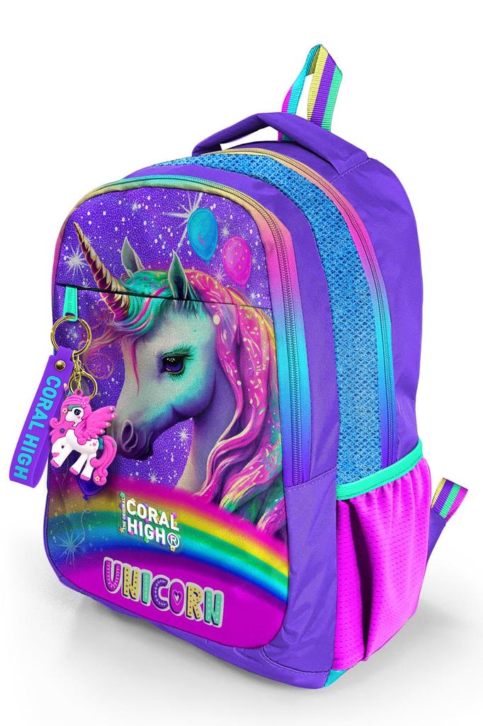 Coral High Kids Purple Glittery Unicorn Patterned Three Compartment School Backpack 23663