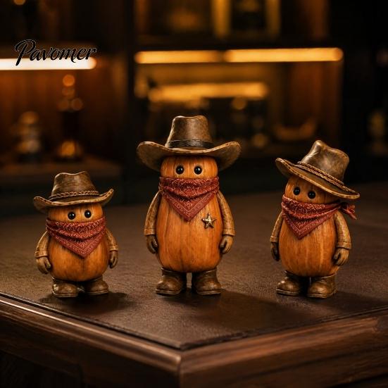 Kids Room Holiday Decor 3PCS Western Cowboy Pumpkin Figurine, Retro Man Statues with Hat, Cute Plastic Figurines Fall Thanksgiving Halloween Tabletop