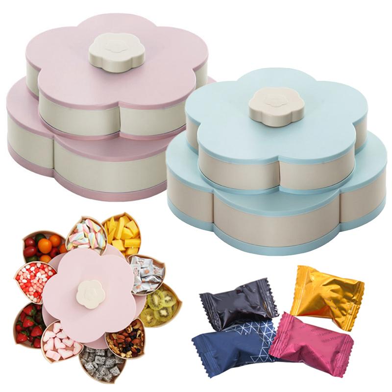 1/2layers Creative Flower Petal Shaped Fruit Plate Rotatable Food Candy Storage Box Nuts Snack Tray Snack Storage Organizer Box
