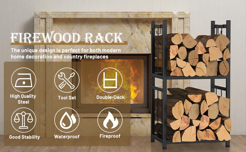 2-Tier Firewood Holder with 4 Hooks Heavy Duty Indoor Outdoor Rack for Fireplace, Fire Pits,Stoves Black Wood Storage Organizer