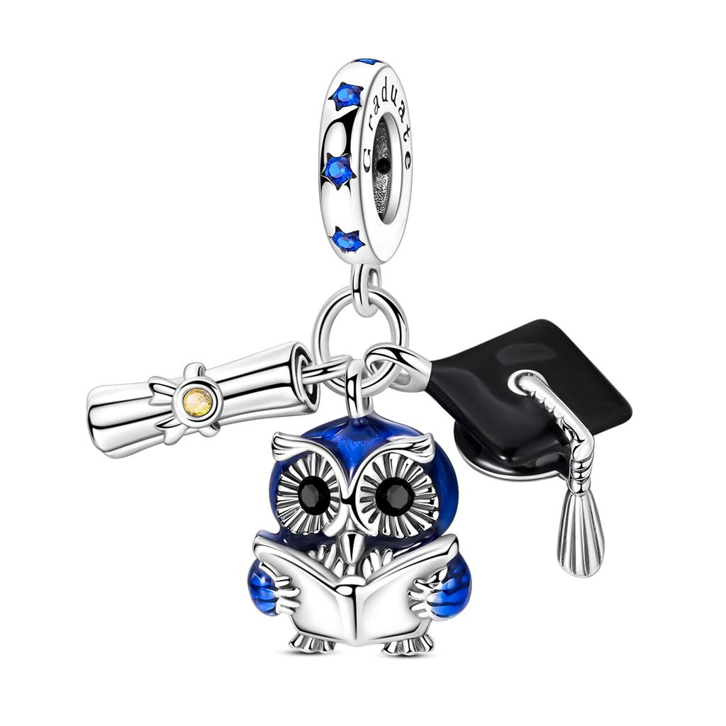 Graduation Charm Copper Mortarboard Owl Flower Beads Fit Bracelet Pendant Diy Woman Jewelry Gift