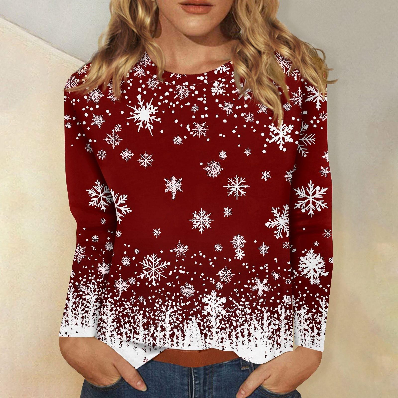 

Женская мода повседневный рождественский принт круглый вырез длинный рукав пуловер топ XL арбуз красный