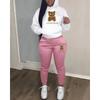 Womens Comfortable Hooded Sweatshirt Jogger Pants Set With Bear Print Color-Block Design Streetwear
