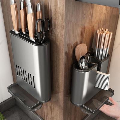 Wandmontierter Essstäbchenhalter Küchenregal Wandhängend Stanzfrei Werkzeugablage Messer Abtropfgestell Aluminium Essstäbchenkäfig Aufbewahrungsbox