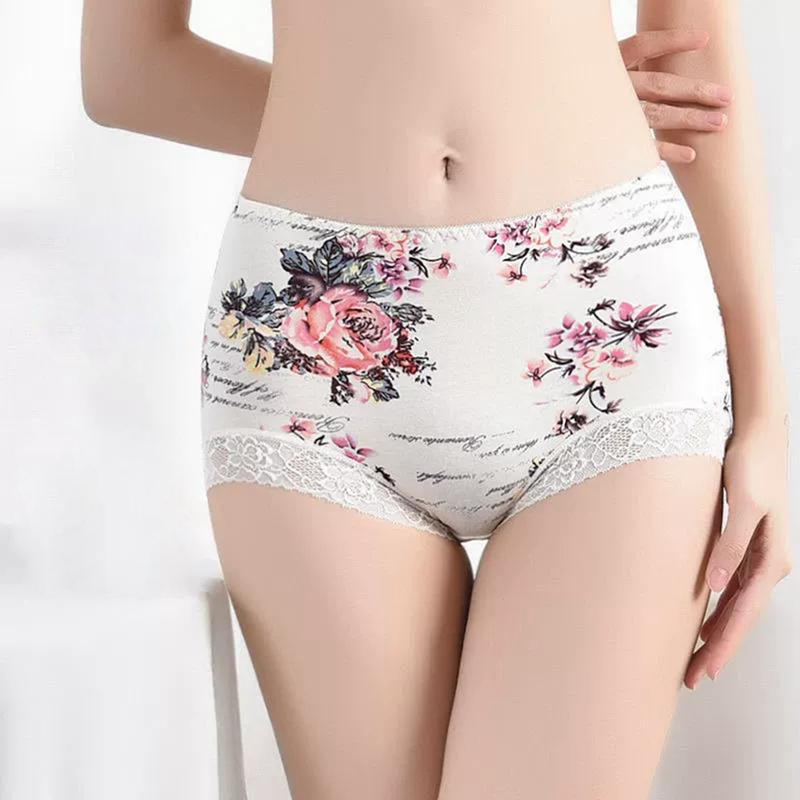 Women Floral Printed Lace High-waisted Briefs
