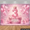 2D Flat Banner, 3rd Birthday Party Banner Background, Pink Glittered Number 3 Theme, with a Crown Attached