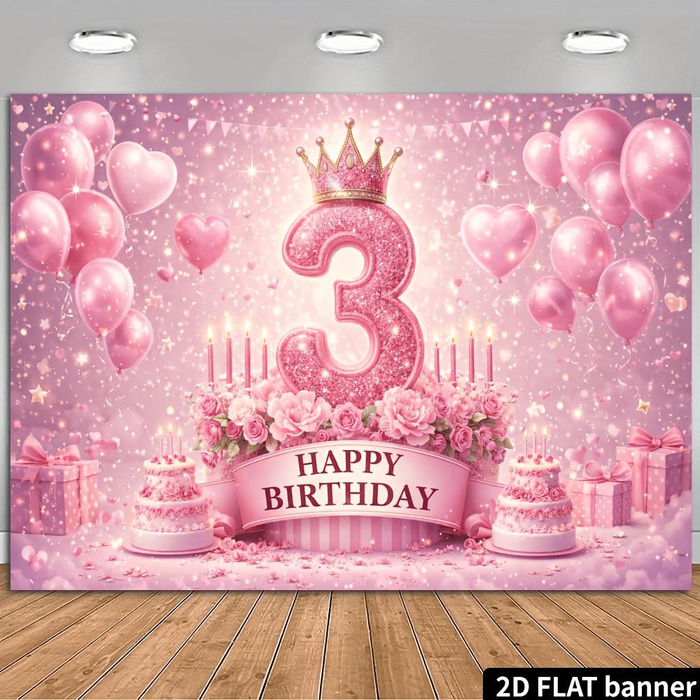 2D-Ebene 3. Geburtstag Party Banner Hintergrund - Rosa glitzernde Zahl 3 Thema kombiniert mit Kronen und rosa Herzballons