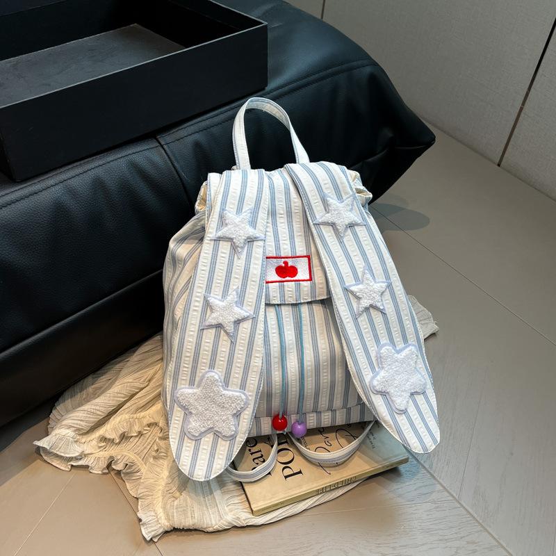 Schoolbag Korean version ins simple vertical stripes contrasting colors star bag creative niche rabbit ears women's backpack trend backpack