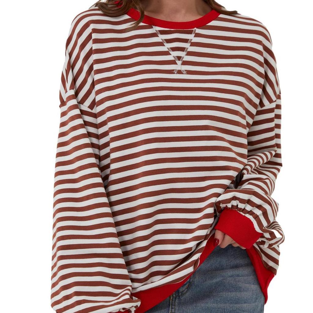 2026 Spring Striped Floral Round Neck Long Sleeve Color Block Hoodie