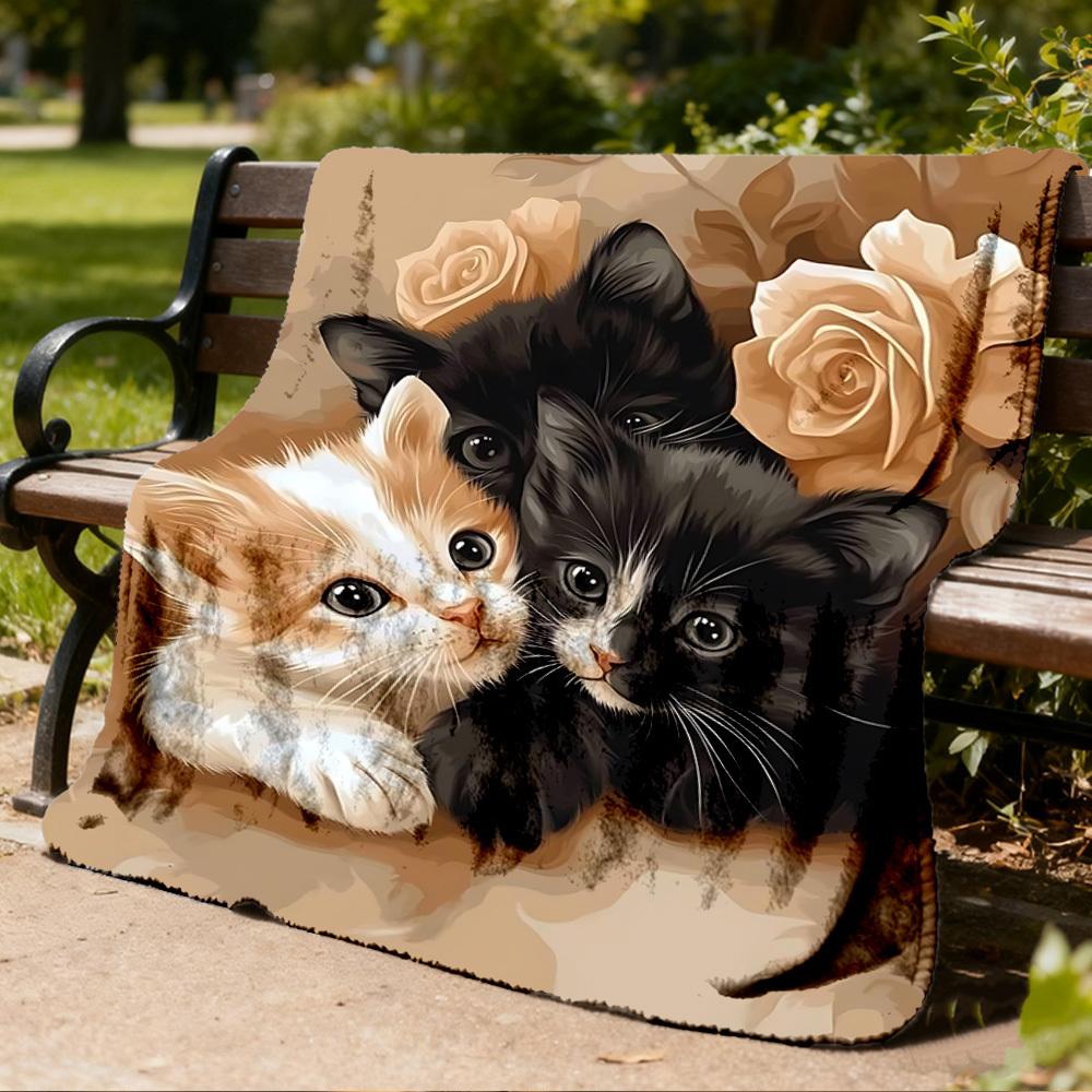 1pc Kitten Roses Outdoor Flannel Blanket , Machine Washable Perfect Gift for Birthday , Holiday Travel Accessory , Durable Material