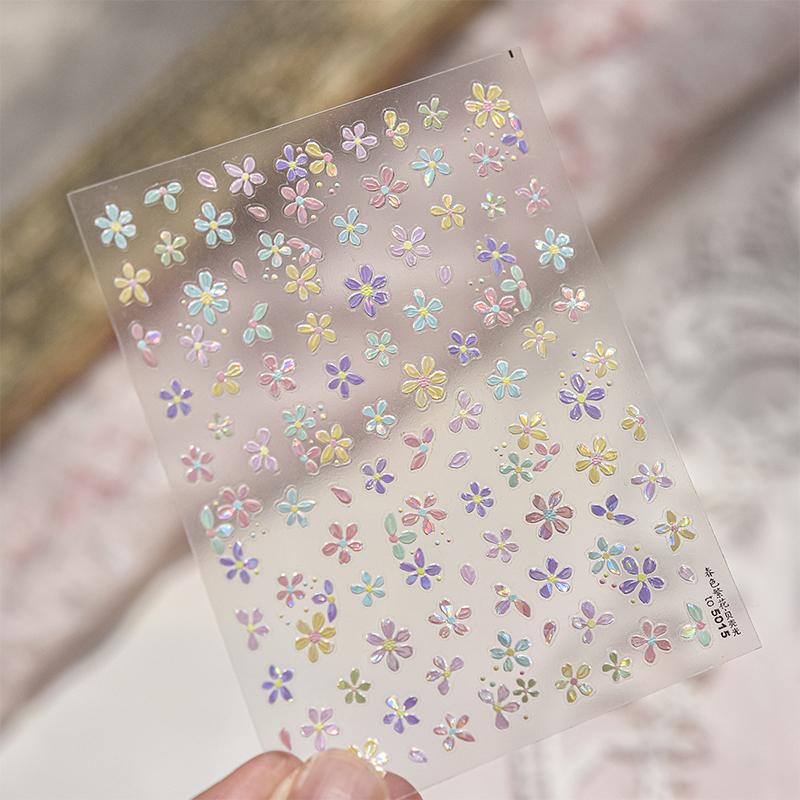 Körsbärsblommor Sakura Vår 5D Nageldekorationsklistermärke Guldstämpling Mjukt Lim Reliefklistermärke Chic Manikyrdekaler