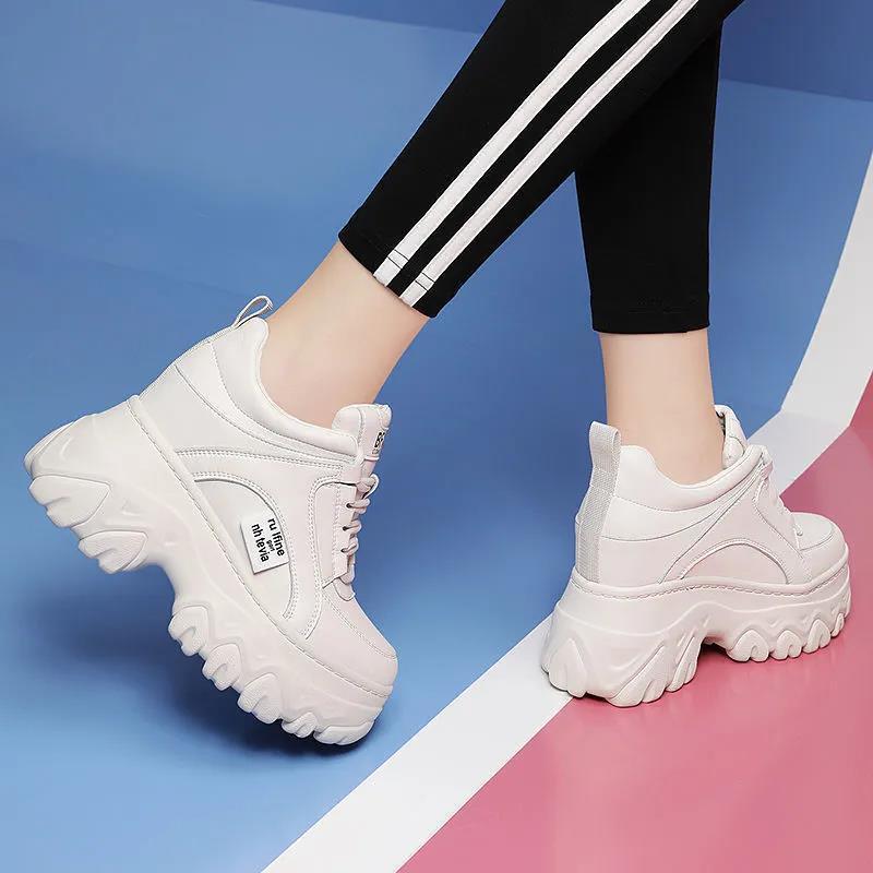 High Platform Sneakers for Women Black Leather Sneakers Women Chunky Sneakers Thick Sole Casual Shoes Women Height Increase Shoe