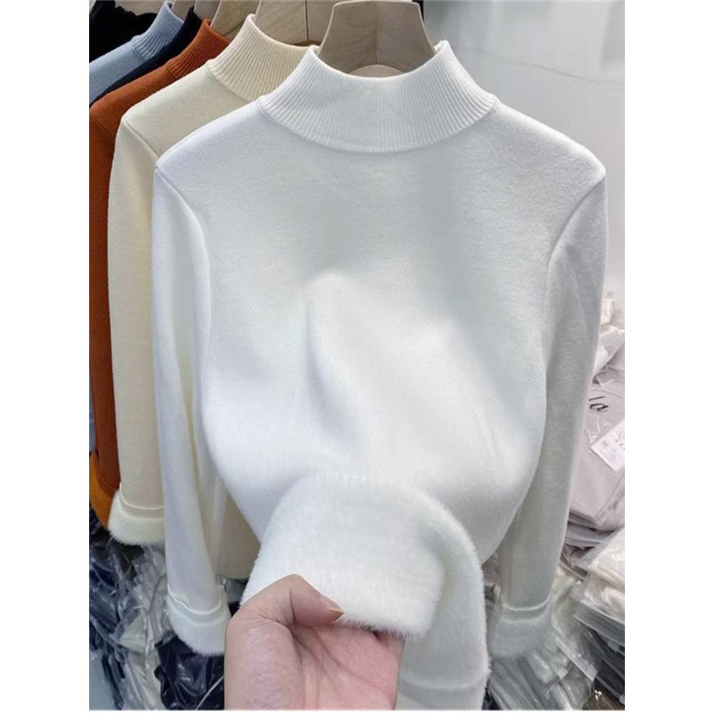 High-end Small Stand-up Collar Stacked To Wear an Integrated Fleece Sweater for Women's Autumn and Winter Basic Milk Ruffle Bottomed Knitted 