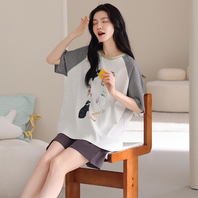 Pure cotton pajamas women's summer thin short-sleeved shorts casual Korean version cartoon cotton half-sleeved loungewear