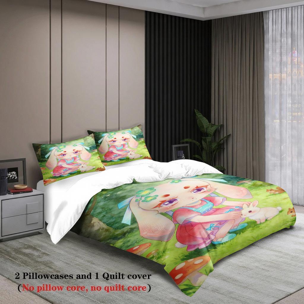 Softville Cozy Town 3PC Bedding Sets Lop Rabbit Petting Rabbit In Meadow Printed Duvet Cover No Filling Cartoon Style Queen Size