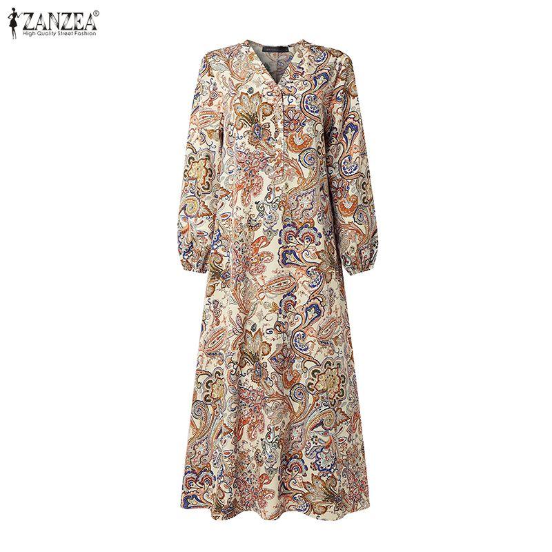 ZANZEA Abito Musulmano da Donna a Manica Lunga, Collo a V, Vestibilità Larga, Casual, con Stampa Etnica