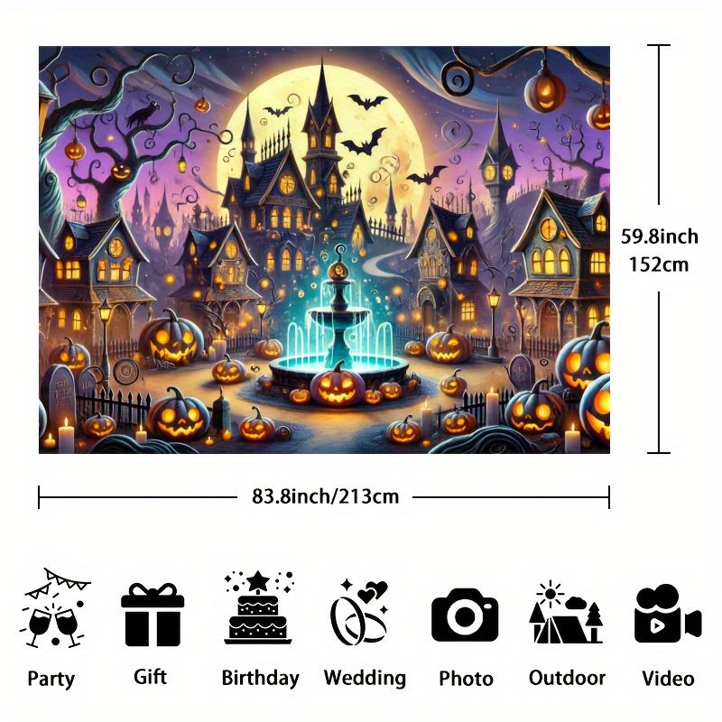 A Halloween Town Photography Background Mysterious Gothic Architecture and Glowing Pumpkins Full Moon