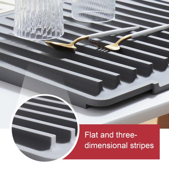 Sink Drain Mat Non-Slip Surface Large Size Thick Silicone Heat Resistant Flexible Cutlery Holder with Slope Drainage Design