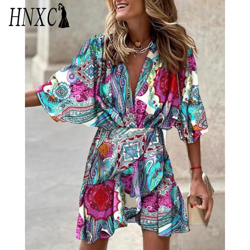 HNXC Dámská móda Léto Jaro Jednobarevný potisk 3/4 rukávy Neformální šaty s výstřihem do V a vysokým pasem