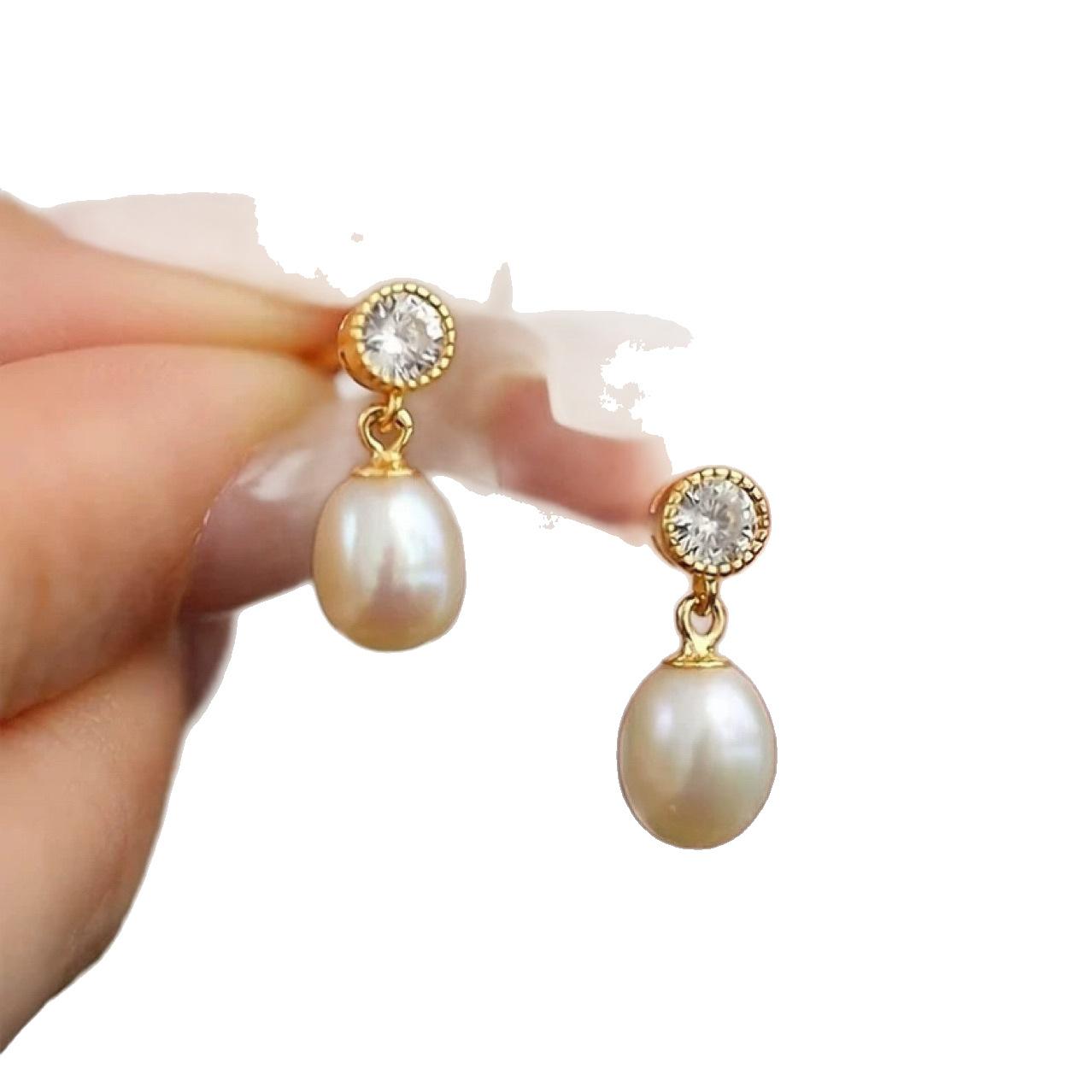 Natural freshwater drop-shaped pearl stud earrings women s fashion light luxury high-end earrings earrings silver needle zircon inlay Silver needle