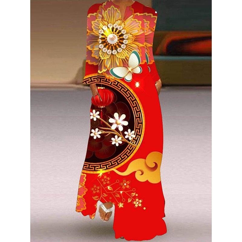 Long Sleeve Dress Classical Beauty Pattern Print Dress Stage Show Performance Wear Travel Photography Clothes