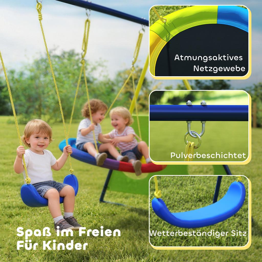 4-in-1 Kids Swing Set with Saucer Swing, Basketball Hoop and Football Goal, Outdoor Playground Playset for Garden