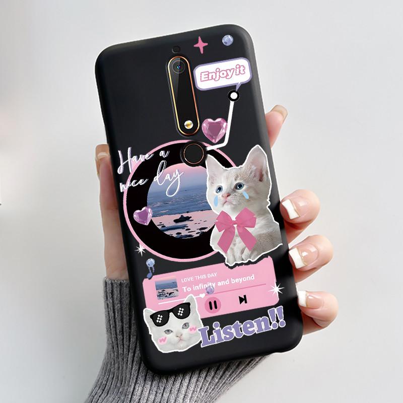 Custodia Per Nokia 6.1 6.1 Plus Custodia Antiurto Estetica Moda Cartone Animato Gatto Carino Nera Gomma Silicone Morbida Cover Bumper Alloggiamento