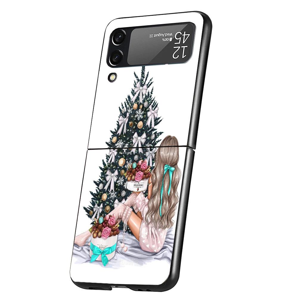 Christmas Girls Tree Gift Cover Phone Case For Samsung Galaxy Z Flip 7 6 5 4 3 5G Flip7 Flip6 Flip5 Flip4 Flip3 Black Fundas She